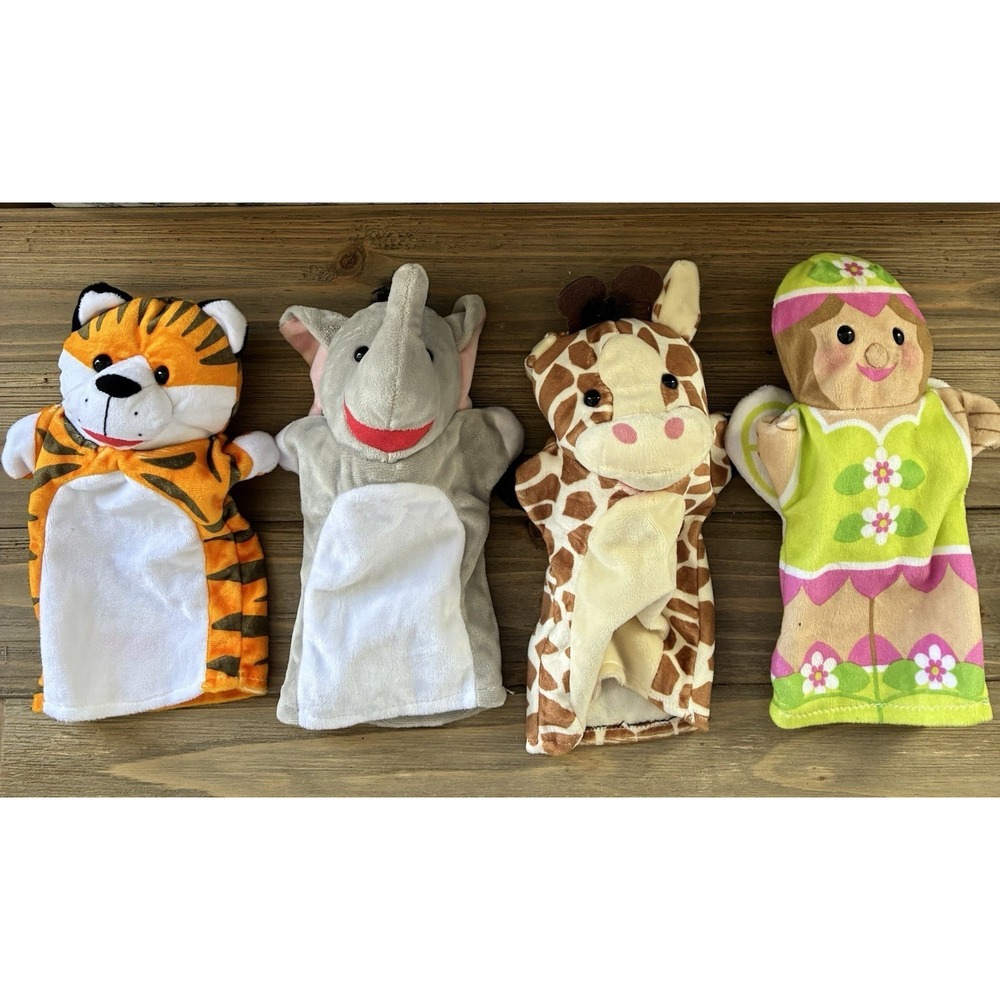 Lot Of 4 Melissa & Doug Puppets Angel, Giraffe, Elephant, Tiger